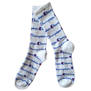 Calcetas Deportivas Champion Estilo Crew - Blanco con Monograma Azul y Rojo